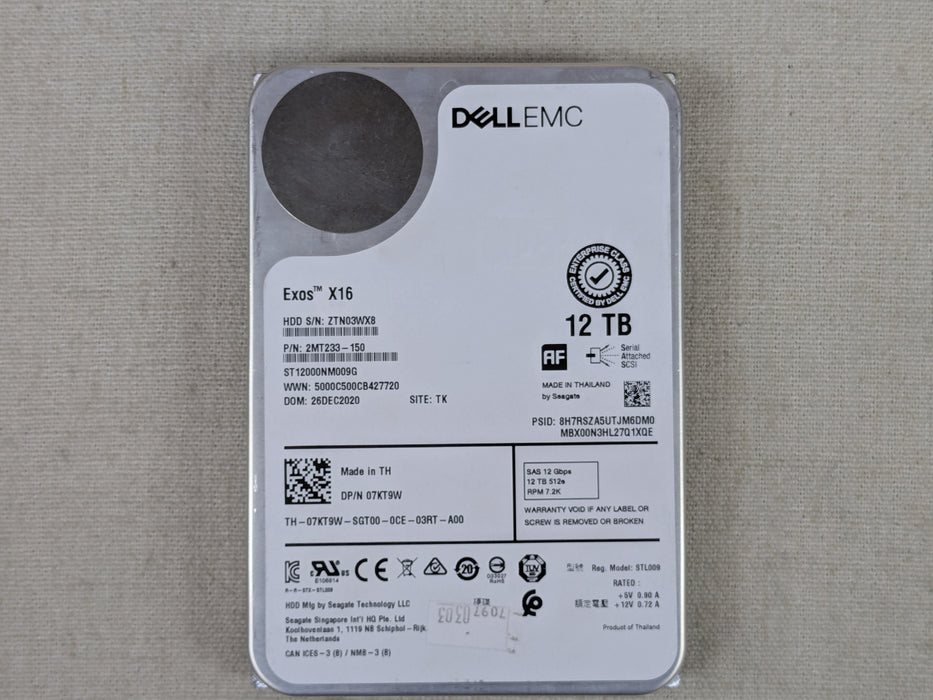 Dell 7KT9W 12TB 7.2k 12Gb/s 3.5” SAS 512e Hard Drive ST12000NM009G
