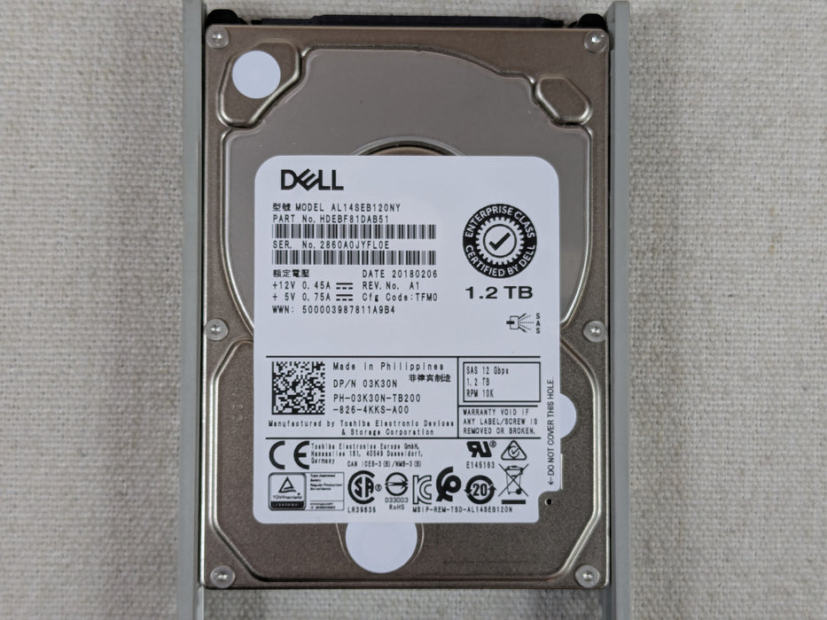 Dell 3K30N 1.2TB 10k 12Gb/s 2.5” SAS Hard Drive Toshiba AL14SEB120NY w/ 13G Tray