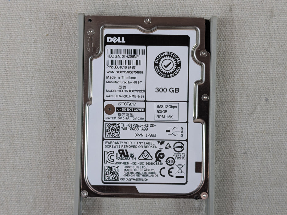 Dell 1P08J 300GB 15k 12Gb/s 2.5" SAS Hard Drive 0B31619 w/ 13G Tray