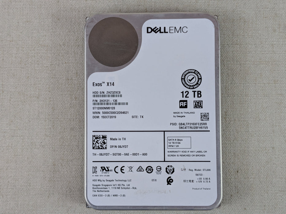 Dell 8JYD7 12TB 7.2k 6Gb/s 512e 3.5" SATA Hard Drive ST12000NM0128 No Tray