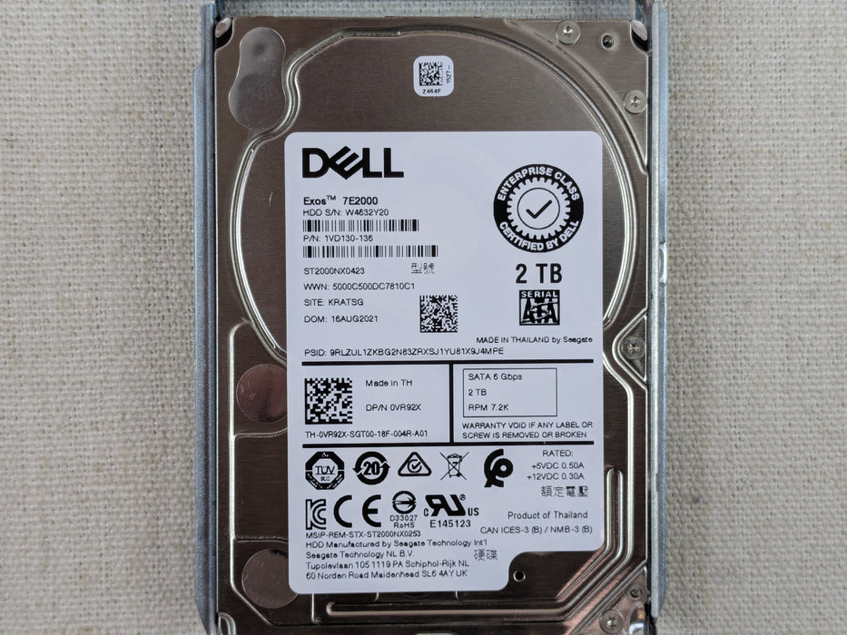Dell VR92X 2TB 7.2k 6Gb/s 2.5" SATA Hard Drive ST2000NX0423 w/ 14G Tray