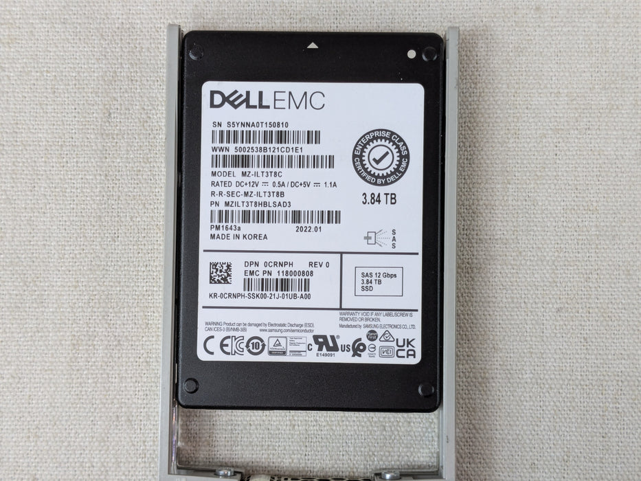 Dell CRNPH 3.84TB 12Gb/s 2.5" SAS RI TLC SSD PM1643a MZ-ILT3T8C w/ 13G Tray