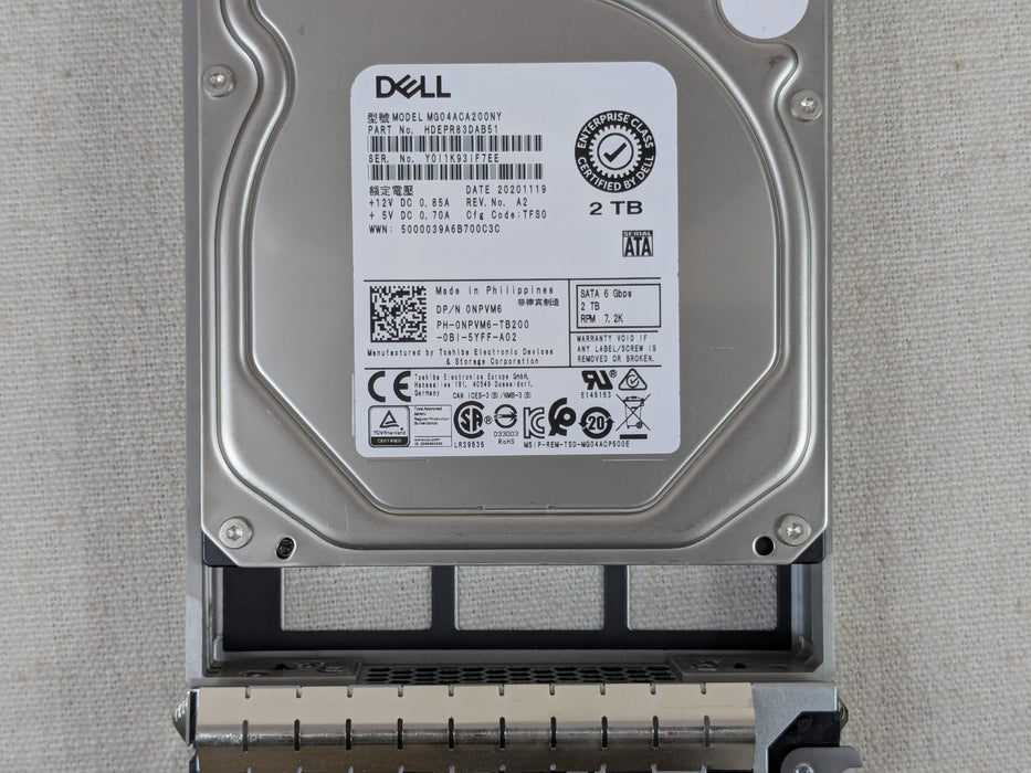 Dell NPVM6 2TB 7.2k 6Gb/s 3.5” SATA Hard Drive Seagate MG04ACA200NY w/ 13G Tray