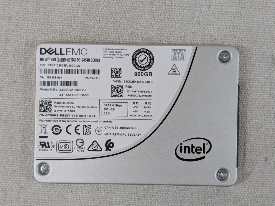 Dell T50K8 960GB 6Gb/s 2.5" SATA RI SSD Intel DC S4510 SSDSC2KB960G8R