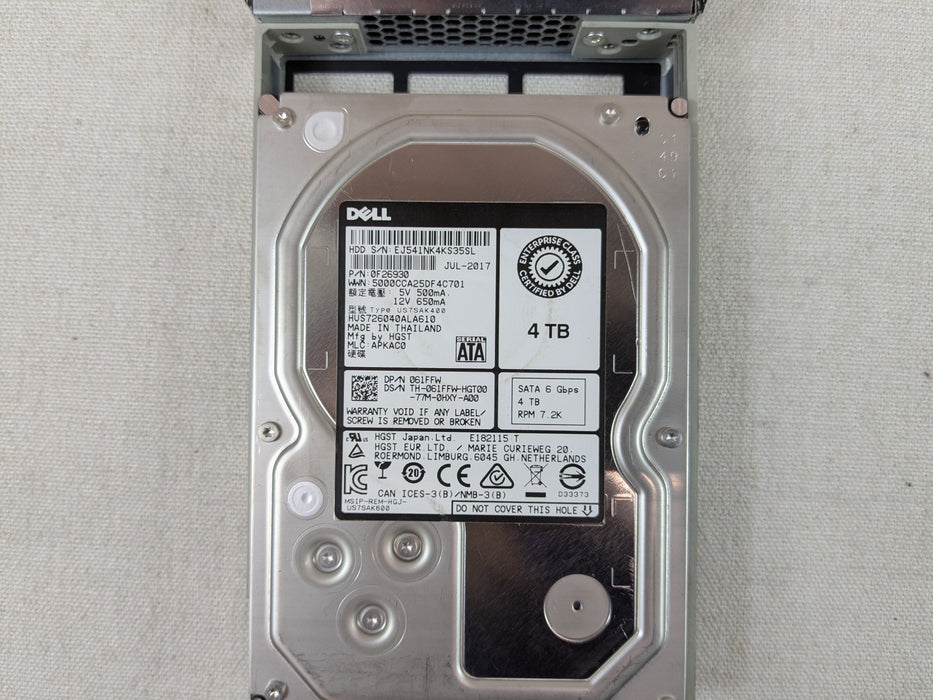 Dell 61FFW 4TB 7.2k 6Gb/s 3.5" SATA Hard Drive HUS726040ALA610 w/ 13G Tray