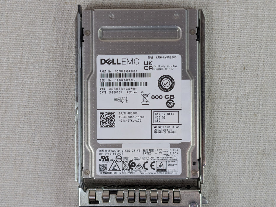 Dell H6GCD 800GB 12Gb/s 2.5" SAS Write-Intensive SSD KPM6XMUG800G w/ 14G Tray