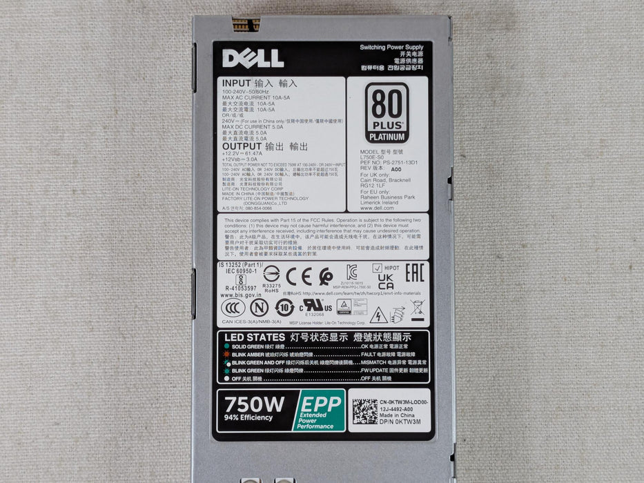 Dell KTW3M 750W EPP 80 Plus Platinum Power Supply Unit 13/14G