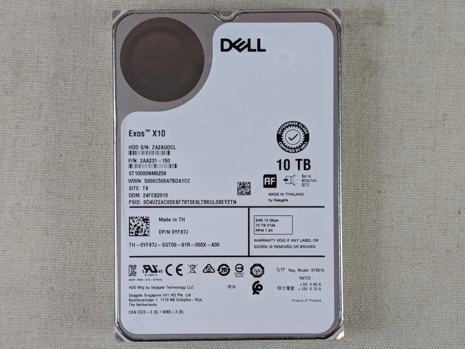 Dell YF87J 10TB 7.2k 12Gb/s 3.5” SAS 512e Hard Drive ST10000NM0256