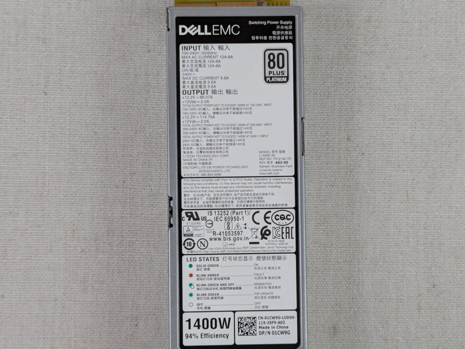 Dell 1CW9G 1400W Platinum Mixed Mode Power Supply Module R650 R750 R660 R760