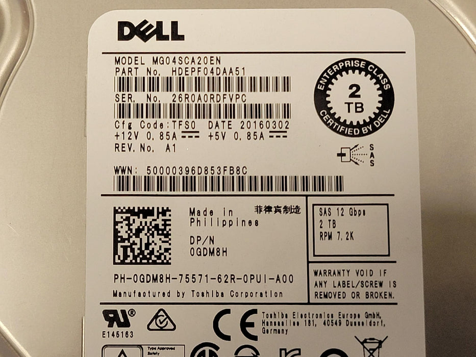 Dell GDM8H 2TB 7.2k 12Gb/s 3.5” SAS Hard Drive Toshiba MG04SCA20EN