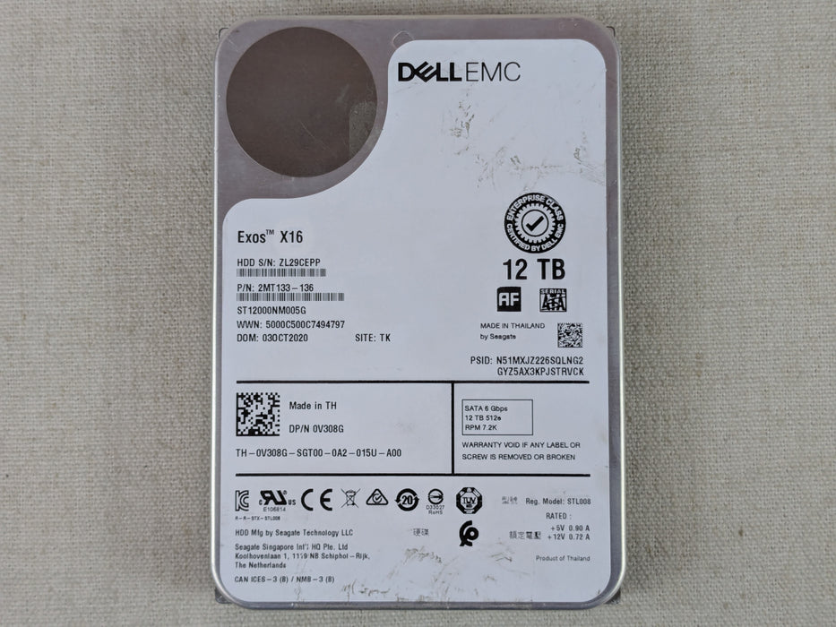 Dell V308G 12TB 7.2k 6Gb/s 512e 3.5" SATA Hard Drive ST12000NM005G No Tray