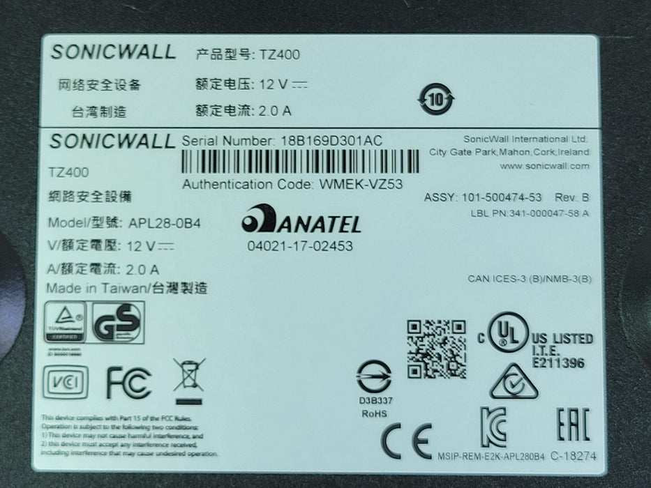 Sonicwall TZ400 Firewall Network Security Router with AC Adapter