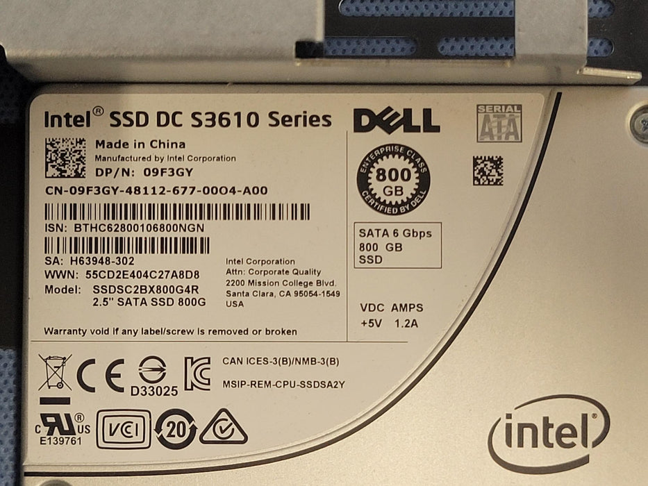 Dell 9F3GY Intel S3610 800GB 6Gb/s 2.5" SATA Solid State Drive SSD in 3.5" Tray