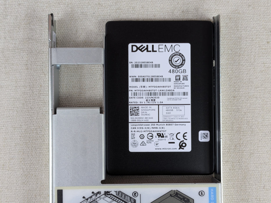Dell 02M3C 480GB 6Gb/s 2.5" Mix Use SATA SSD MTFDDAK480TDT in 3.5” 14G Tray