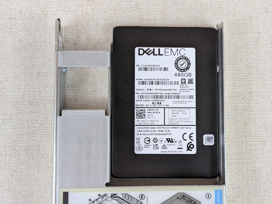Dell KCT7J 480GB 6Gb/s 2.5" SATA SSD Micron MTFDDAK480TDS w/ 3.5” 14G Tray