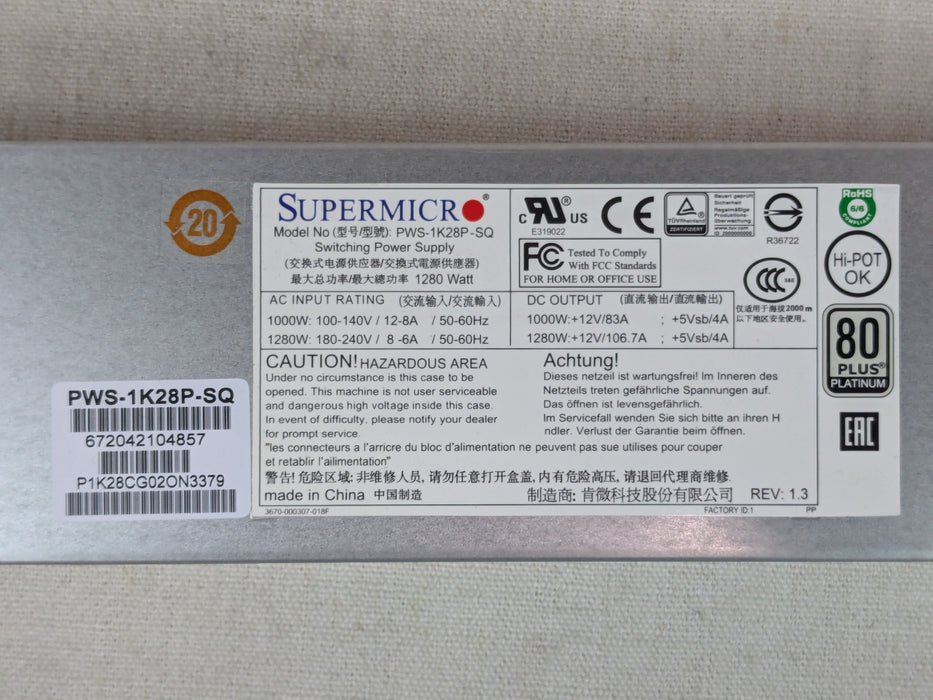Supermicro PWS-1K28P-SQ 1280W 1U Redundant Hot Swap Power Supply Module ( PSU )