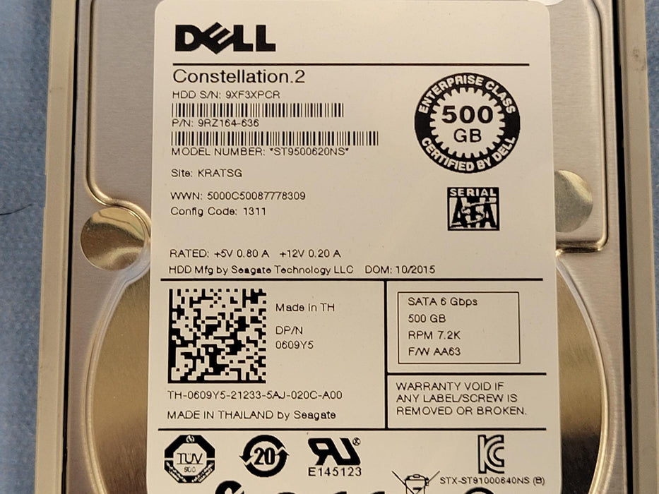 Dell 609Y5 500GB 7.2k 6Gb/s 2.5" SATA Hard Drive Seagate ST9500620NS