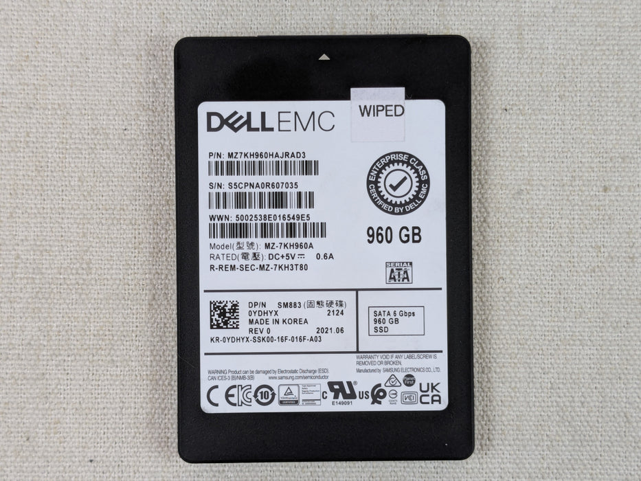 Dell YDHYX 960GB 6Gb/s 2.5” SATA Mix Use SSD Samsung MZ-7KH960A No Tray