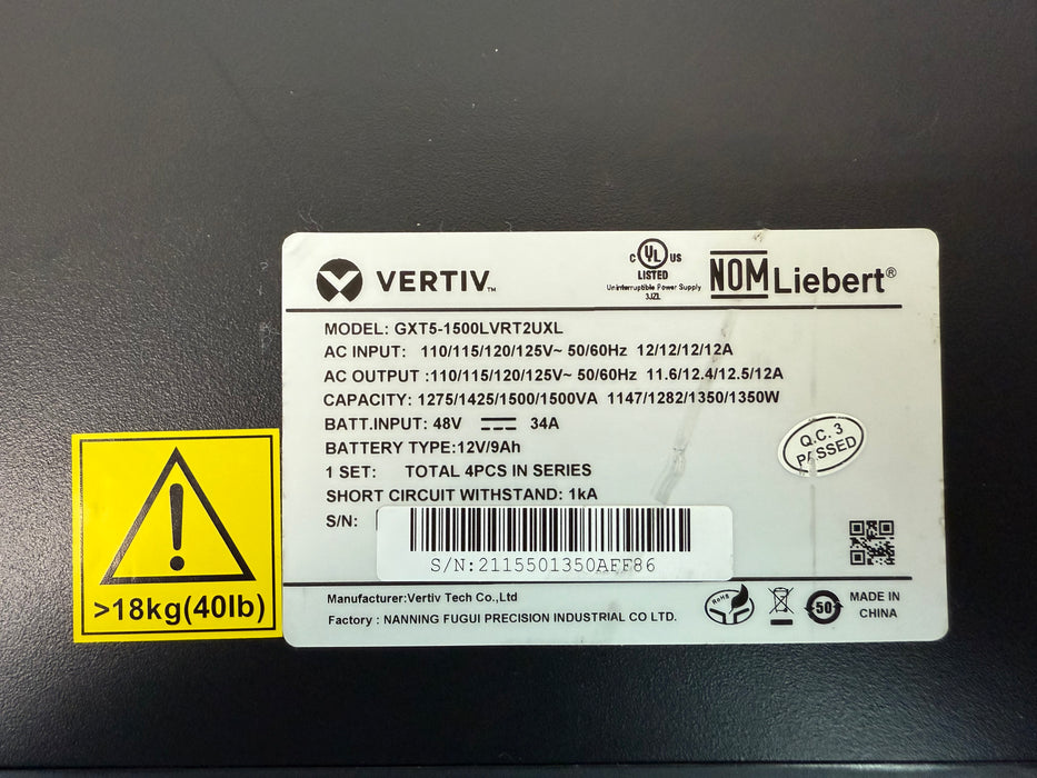 Vertiv Liebert GXT5-1500LVRT2UXL 1500VA 1350W 120VRack/Tower UPS | *See notes*