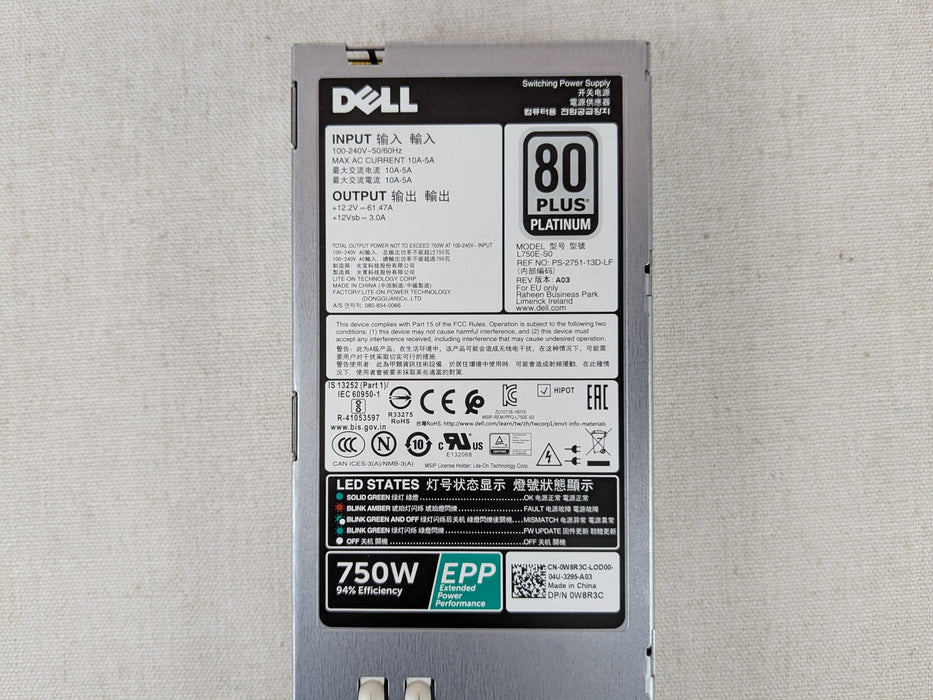 Dell W8R3C 750W 80 Plus Platinum Power Supply Module PowerEdge R630 R640 R740