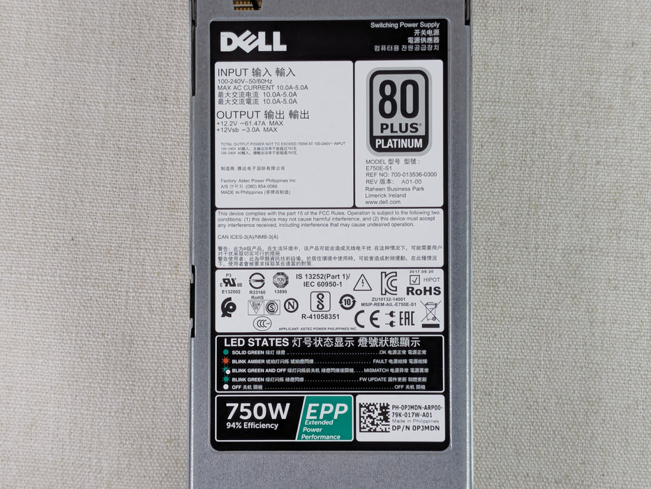 Dell PJMDN 750W EPP 80 Plus Platinum Power Supply R630 R730 R640 R740 R740XD