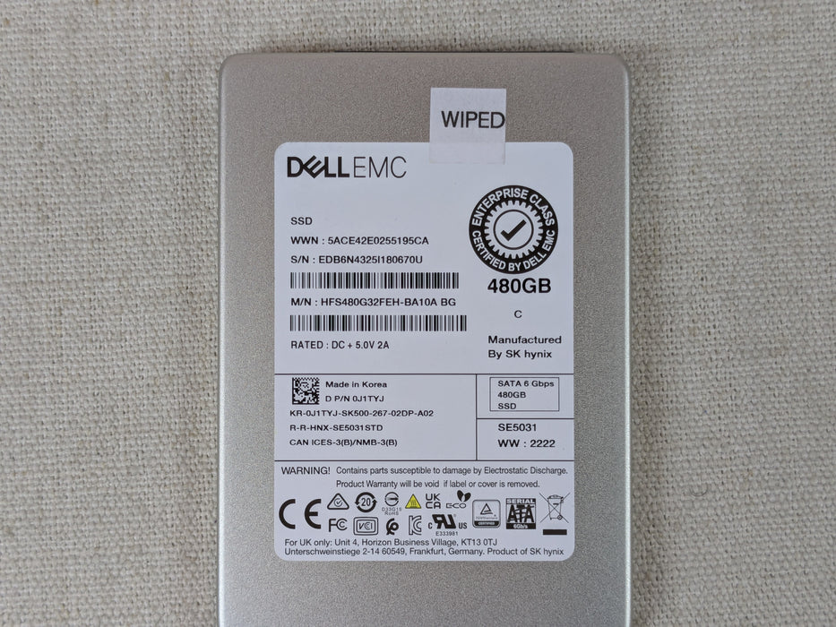 Dell J1TYJ 480GB 6Gb/s 2.5" Mix Use SATA SSD HFS480G32FEH No Tray