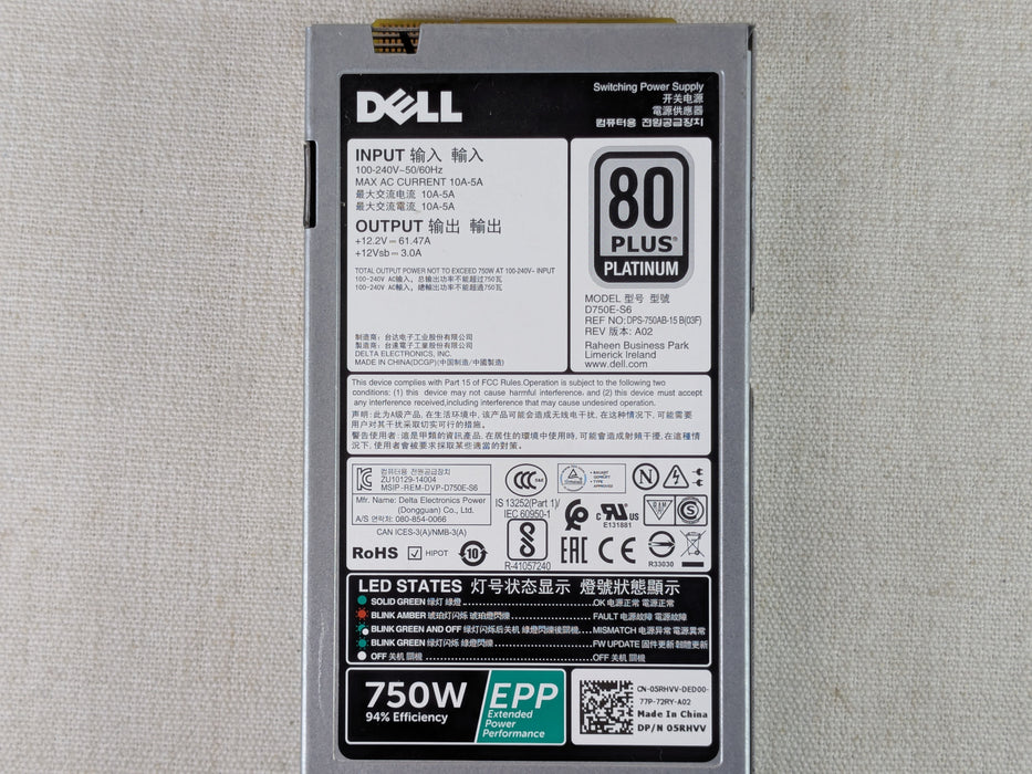 Dell 5RHVV 750W EPP 80 Plus Platinum Power Supply R630 R730 R640 R740 R740XD