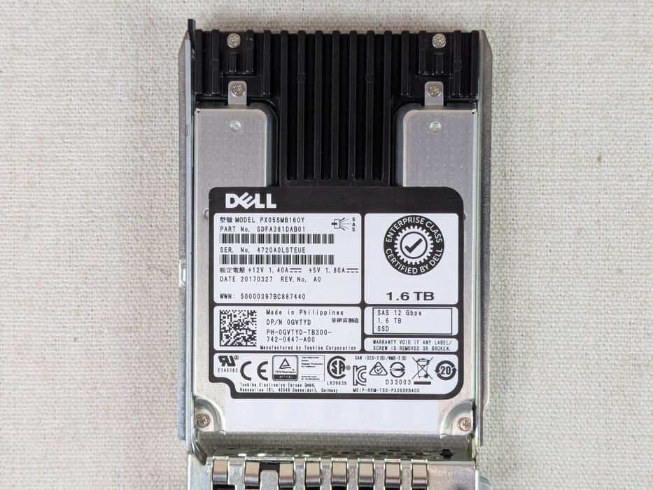 Dell GVTYD 1.6TB 12Gb/s 2.5" SAS Write Intensive SSD PX05SMB160Y w/ 14G Tray