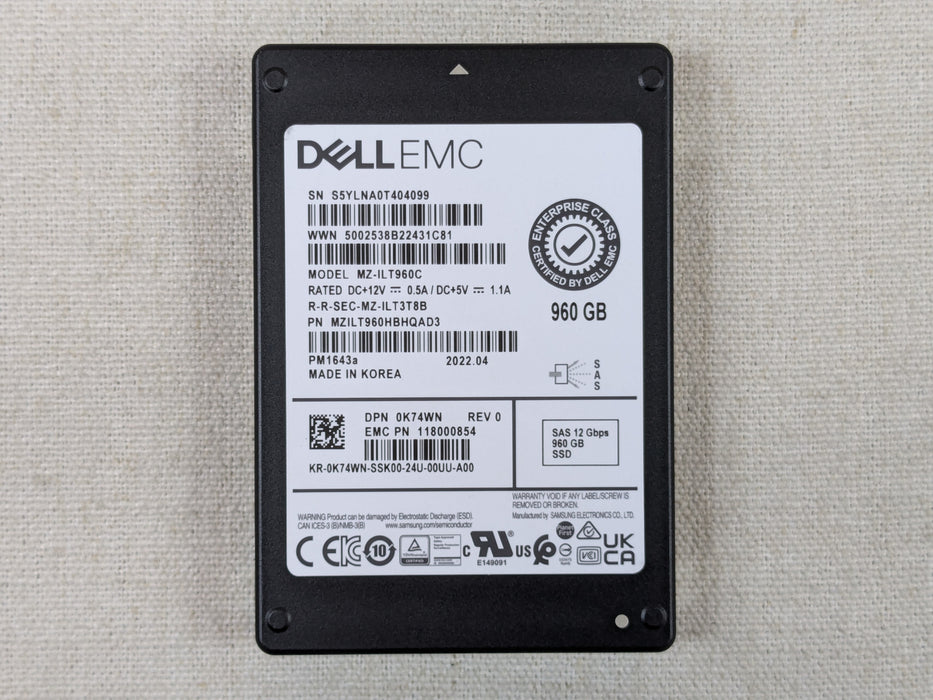 Dell K74WN 960GB 12Gb/s 2.5" SAS RI SSD Samsung PM1643a MZ-ILT960C