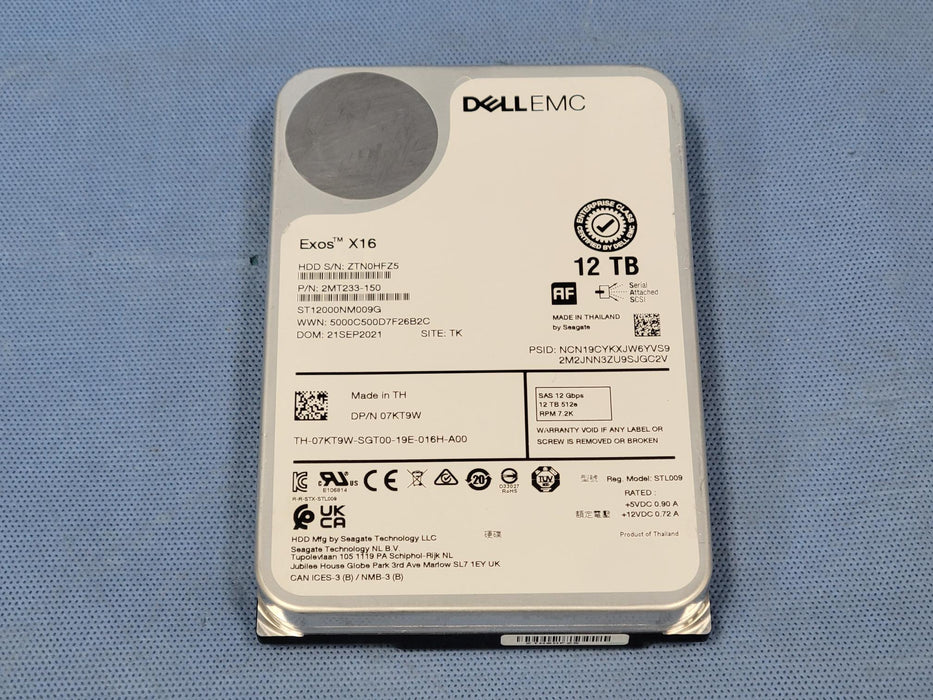 Dell 7KT9W 12TB 7.2k 12Gb/s 3.5” SAS 512e Hard Drive ST12000NM009G