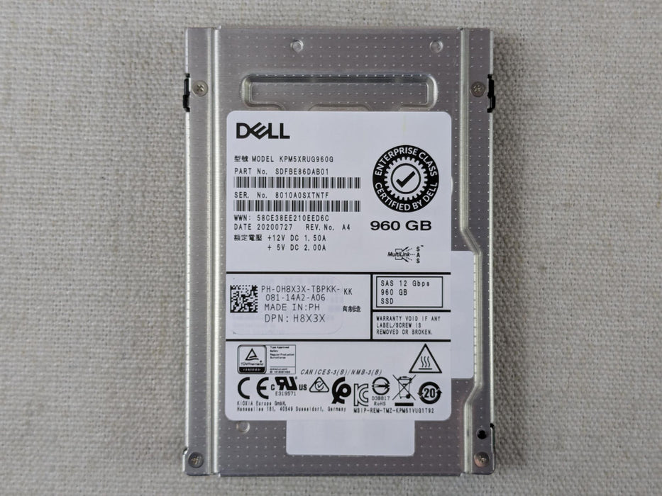 Dell H8X3X 960GB 12Gb/s 2.5” SAS RI SSD Toshiba KPM5XRUG960G No Tray