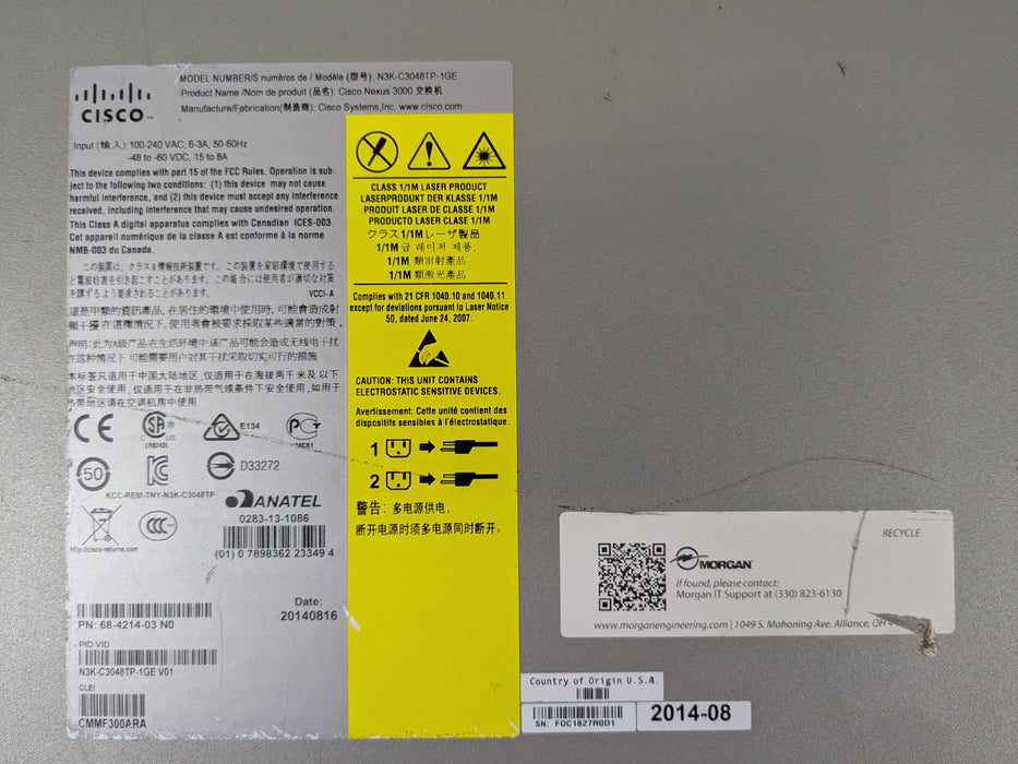 Cisco N3K-C3048TP-1GE Nexus 48x GbE Port Switch - 2x N2200-PAC-400W, Rack Ears